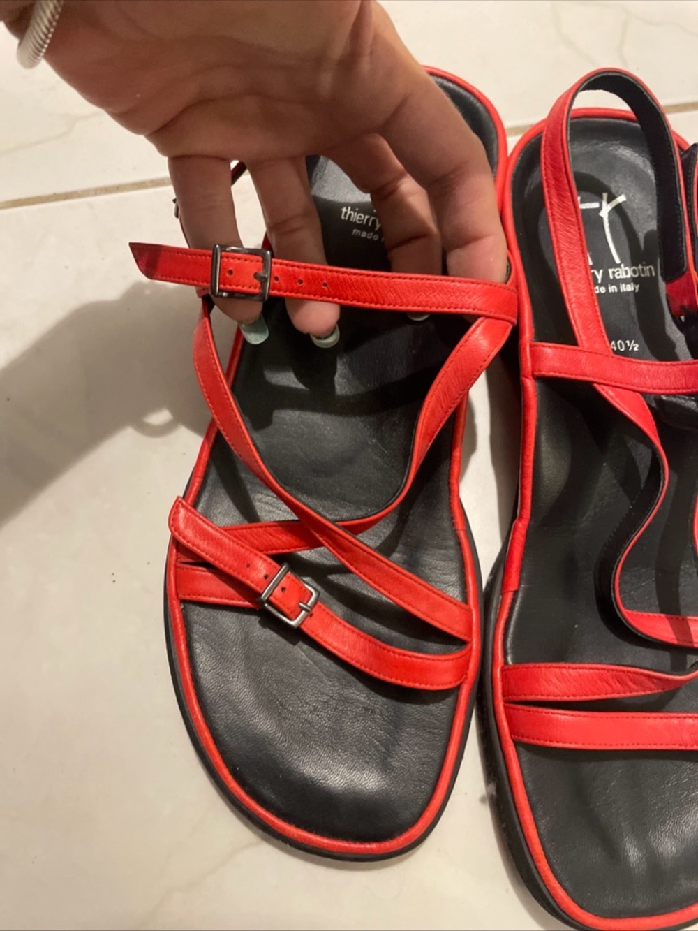 Thierry Rabotin size 40.5 Red Wave Strappy Leather Buckle closure Sandals - Picture 7 of 15